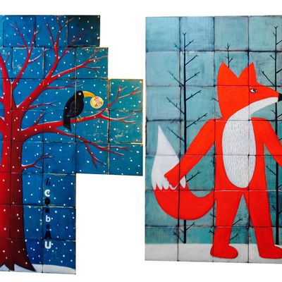45 cubes  = 6 tableaux en un pour l'exposition Fables ....le corbeau et le renard, le loup et le chien, le poisson et le pêcheur