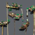 Five decorated gold phoenix-form hairpins & Six gold and kingfisher feather ornaments. Late Qing/Republic Period