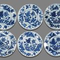 A group of six blue and white 'Kraak' porcelain plates. 17th Century