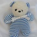 Doudou Peluche Ours Blanc Rayures Bleu Grelot Ajena