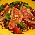 Salade de rougets-barbets et tagliatelles de courgettes à la vinaigrette de tomate ( plat chaud)