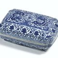 A blue and white 'Dragon and Lotus' box and cover, Mark and period of Wanli