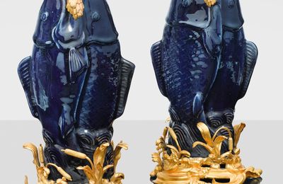 A pair of gilt-bronze mounted blue enamelled stoneware vases, Chinese, 18th century, the mounts Louis XV, circa 1750