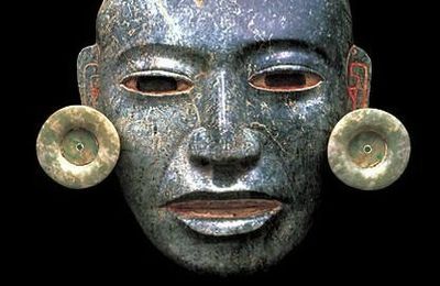 Teotihuacan Serpentine Mask with Stucco, Pyrite, Jade, and Shell Detailing, 200-650 C.E.