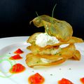 Millefeuille d'aubergines au Pélardon et brousse de brebis, vinaigrette de poivron rouge safranée