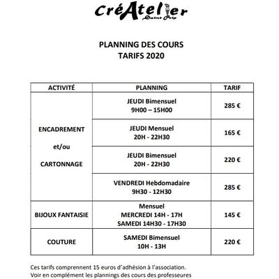 Tarifs et horaires pour l'année 2020-2021