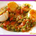 Oeufs au curry, petits pois, tomates