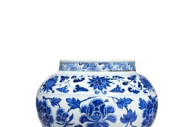 An extremely rare blue and white 'peony' jar, guan, Yuan dynasty