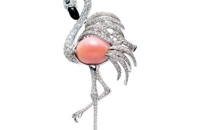 A Conch Pearl, Diamond and Onyx ‘Flamingo’ Brooch, By Michael Youssoufian