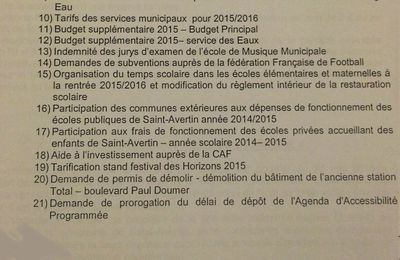 Ordre du jour du conseil municipal du 17 juin 2015