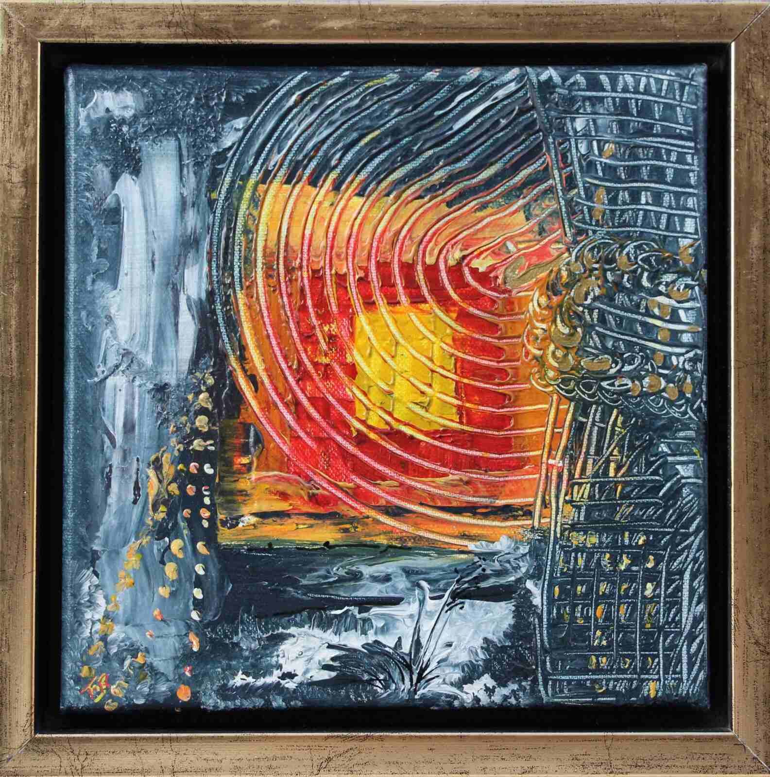 Au croisement des ondes, acryl 2021, cadre doré, (20X20cm, n° 201)