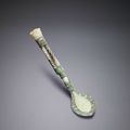 A rare jade and gold inlaid bronze spoon, bi, Warring States Period-Han Dynasty