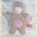 Doudou Peluche Ours d'activités Gris Beige Fleurs Rose Anneau Hochet BabyNat