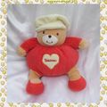 Doudou Peluche Boule Ours Beige Et Rouge Coeur Casquette Ecru Takinou