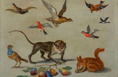 Jan van Kessel The Elder (1626 Antwerp 1679), Birds flying around a monkey