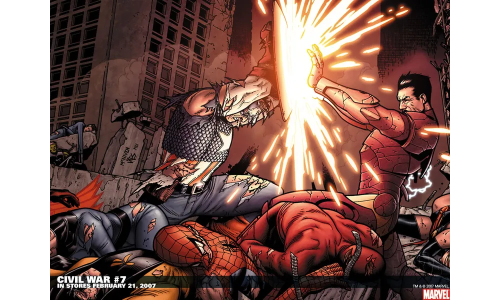 Civil War, numéros 1 à 7 de Mark Millar et Steve McNiven et Collectif (édition kiosque) + Civil War Extra + Civil War épilogue… La mort de Captain-America 