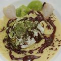 Oeufs à la neige, crème anglaise, chocolat et thé matcha
