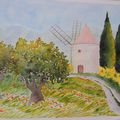 Aquarelle Provence "Un moulin en Provence"