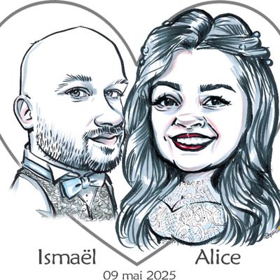 Caricature de la famille, des invités et des amis pour un mariage - marque-nom - poster mariés