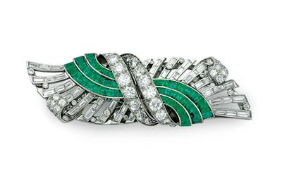 An emerald and diamond double-clip brooch, by Tiffany & Co.