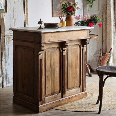 Ancienne banque de commerce fin 19e panneauté.. marbre d'origine avec tiroir Meuble de métier Rangement H92 L88 P60