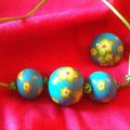 BLEU VERT Collier boules et bague ﻿