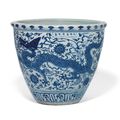 A large blue and white 'dragon' jardinière, Jiajing six-character mark in underglaze blue in a line and of the period (1522-66)