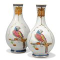 A large pair of Chinese famille rose 'Parrot on a Perch' pear-shaped vases, Yongzheng period (1723-1735)