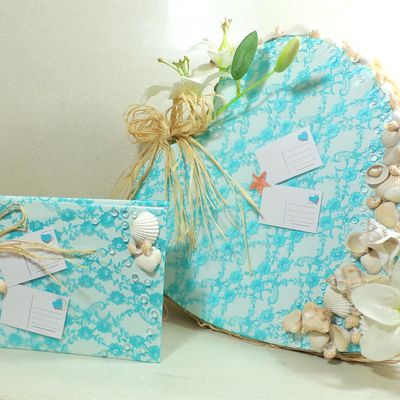 Urne coeur et livre d'or mariage turquoise blanc coquillage