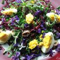 Salade de carottes rouges râpées, pissenlits et violettes, ses œufs durs frais et ses anchois.