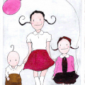Trois enfants et deux ballons, 16 x 22 cm. Ma
