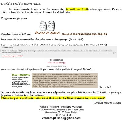 14 avril 2018 : escapade en Bourbonnais - Programme