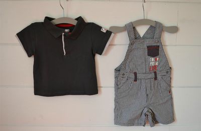 Polo en coton gris anthracite + Salopette courte en coton rayée assortie Obaibi - 6M