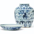A blue and white 'windswept' jar and blue and white 'dragon' dish jar, Ming dynasty, 16th century; dish, Qing dynasty, 18th cent