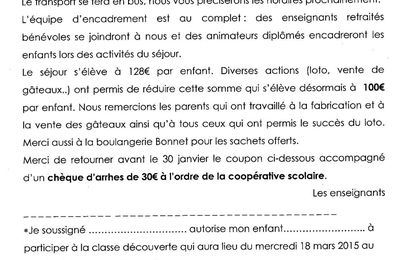 Classe de découverte 2015 CP1, CP2 et CM1 - Autorisation parentale