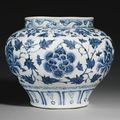 A rare blue and white ‘peony’ jar, guan, Yuan dynasty