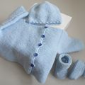 tricot bébé, ensemble bleu mousse, bb garcon, tricote main
