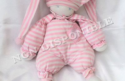 Doudou Poupée Lutin Chiffon Blanc Pyjama Rayures Rose Moulin Roty