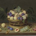 Jacob van Hulsdonck, Peaches, plums and grapes in a wicker basket, with fruit and a butterfly on a wooden table