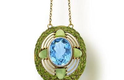 An arts and crafts aquamarine, chrysoprase and enamel pendant necklace, Tiffany & Co., circa 1910