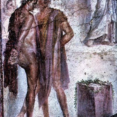 Fresque Pompei, Maison des Cithares ; Iphigénie en Tauride, détail d'Oreste et Pylade, 79 avr. J.-C.