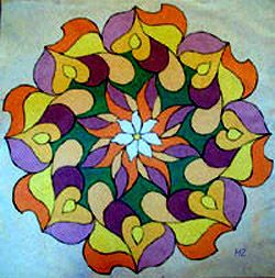 Tableau Kaliédoscope fait avec du sable coloré.