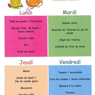 Menus de la cantine pour les mois de Mai et Juin