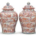 A very large pair of iron-red and underglaze blue jars and covers, first quarter 18th century
