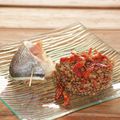 Filet de daurade roulé au jambon, risotto de lentilles vertes du Puy à la tomate