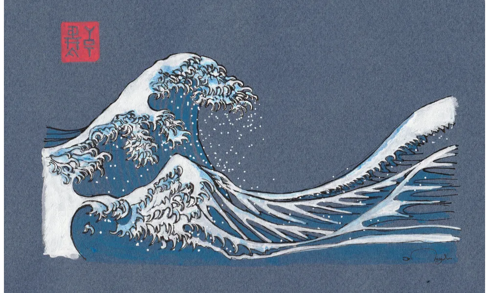 D'après Hokusai, sans le mont Fuji et les bâteaux. Gouache réalisée en févier 2016