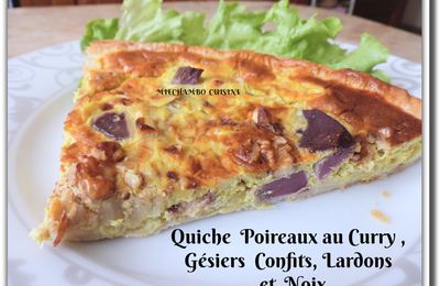 Quiche poireaux au curry, gésiers confits, lardons et noix