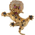 18K and Gemstone Chinese Foo Dog Brooch, USA, 1950's