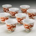 Eight iron-red 'dragon' wine cups, Daoguang seal marks and period (1821-1850)