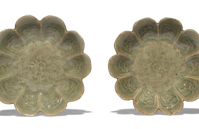 A fine and rare pair of Yaozhou foliate-shaped bowls, Northern Song dynasty-Jin Dynasty